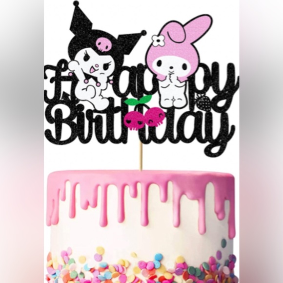 Cute Kawaii Kuromi Melody Glitter Black Cake Topper Happy Birthday - Picture 2 of 6